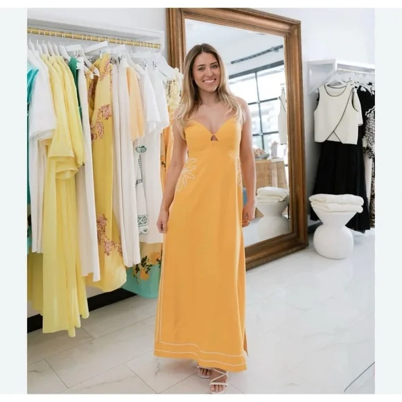 MON RENN scenic dress in mango Yellow Maxi Dress with Floral Detail NEW